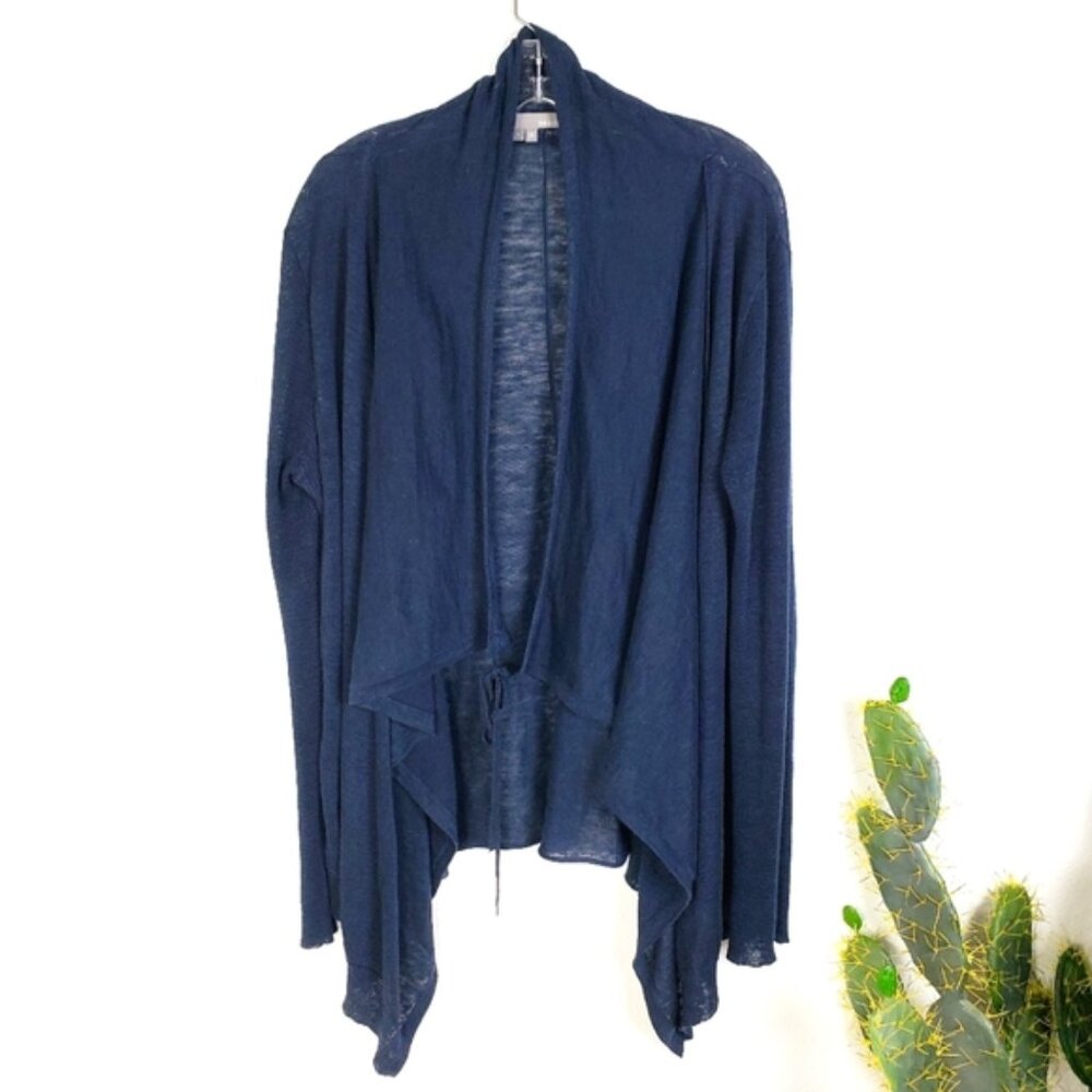 360 Sweater 100% Linen Dark Navy Tie Front Waterfall Cardigan size Large
